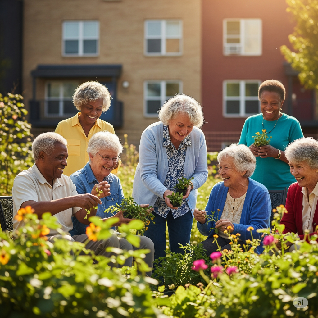Diverse group of seniors gardening together in a community garden